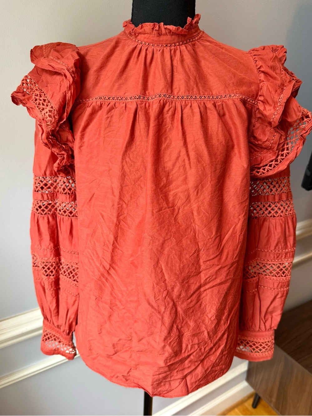 Marie Oliver Silk Blend Ruffle Lace Trim Blouse Coral Mock Neck Boho Top XS